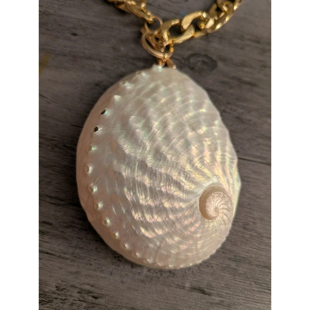 Gold Curb Chain Necklace Large Faux Abalone Shell Pendant Toggle Clasp